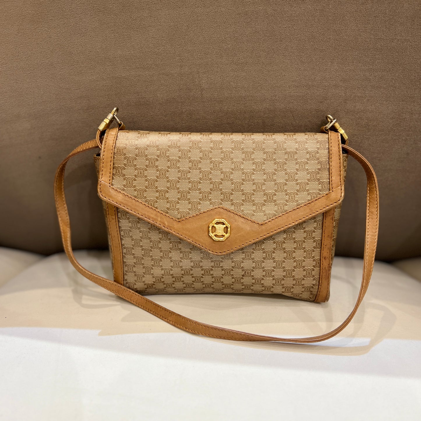 Celine Vintage Light Brown Macadam Canvas Shoulder Bag