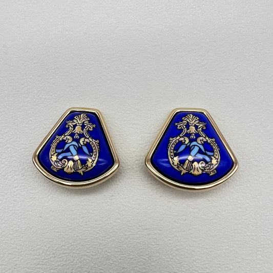 Hermes Vintage Blue Enamelled Golden Clip-on Earrings