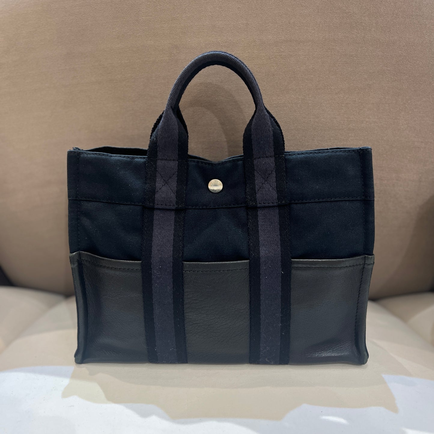 Hermes Vintage Noir Leather And Canvas Pm Fool Tote Bag