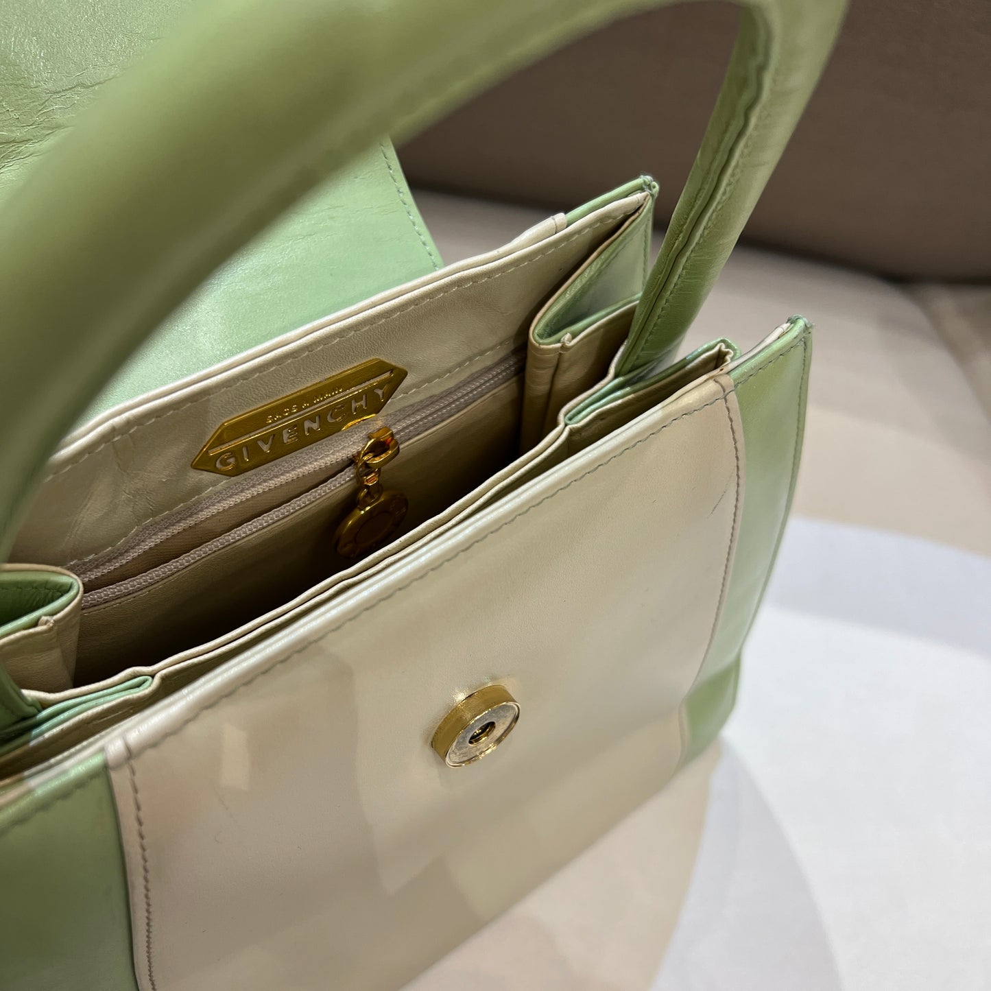 Givenchy Vintage Golden Logo Avocado Green with Light Grey Two Tone Top Handle Handbag