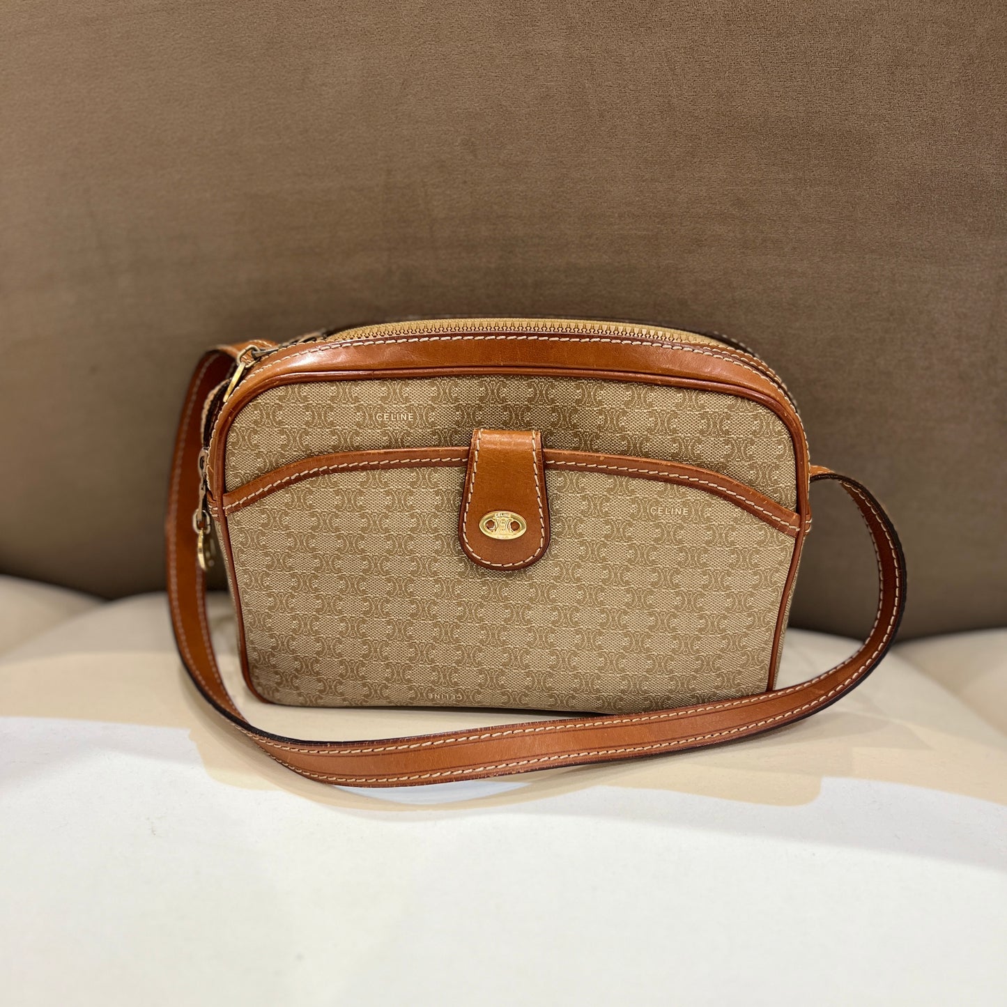 Celine Vintage Light Brown Macadam Canvas Camera Bag