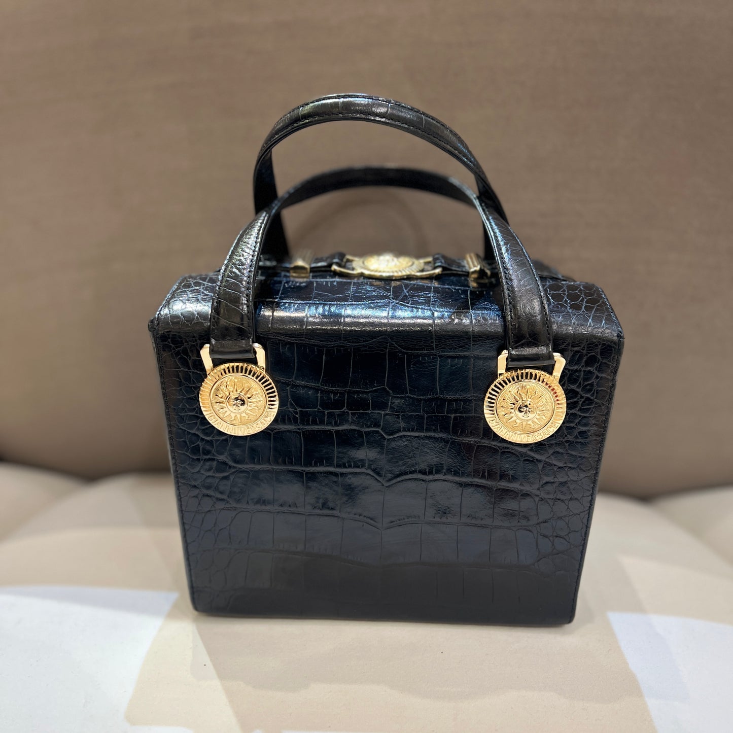 Versace Vintage Golden Sunburst Black Embossed Leather Vanity Box Handbag