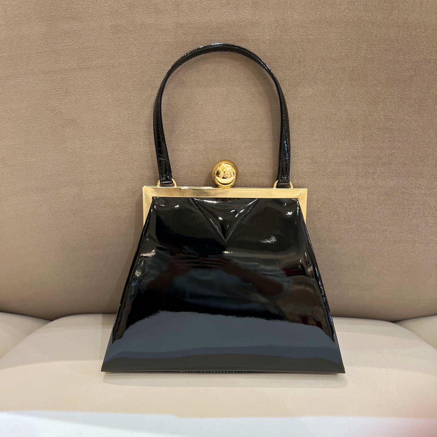 Yves Saint Laurent Vintage Black Enamel Leather With Golden Clasp Lock Top Handle Handbag