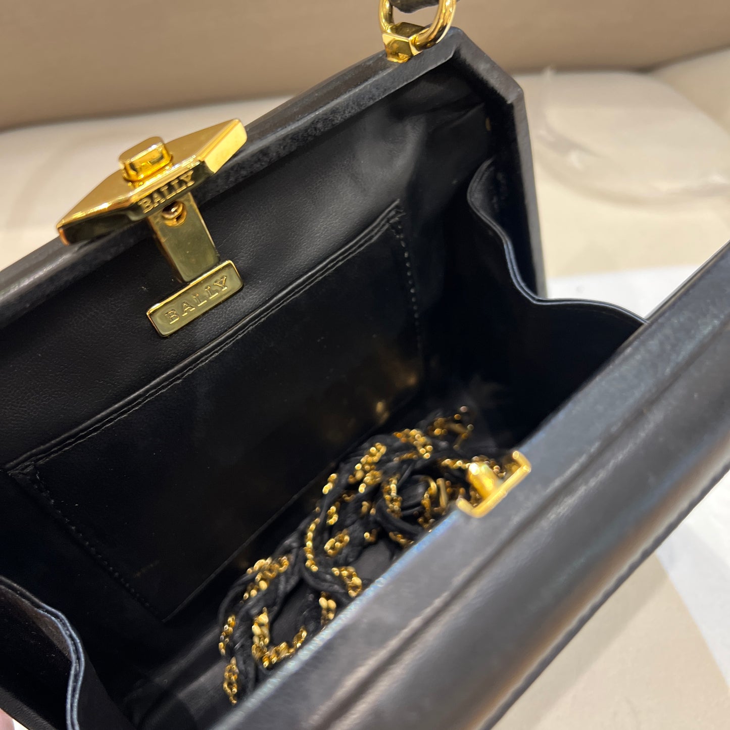 Bally Vintage Black Leather With Golden Hardware Handbag