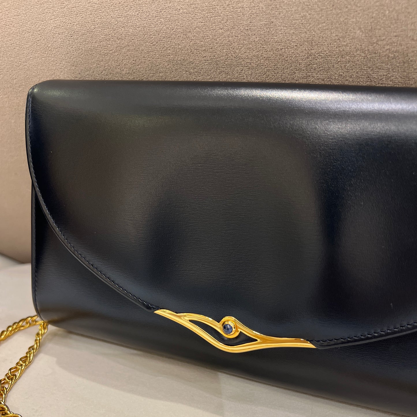 Cartier Vintage Sapphire Black Leather With Golden Chain Shoulder Bag