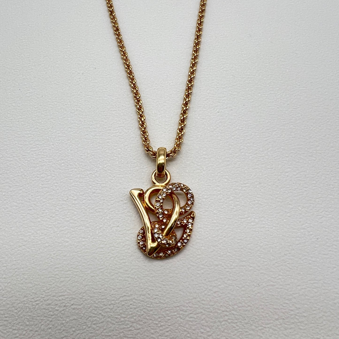 Valentino Vintage Vg Logo With Rhinestone Pendant Golden Necklace