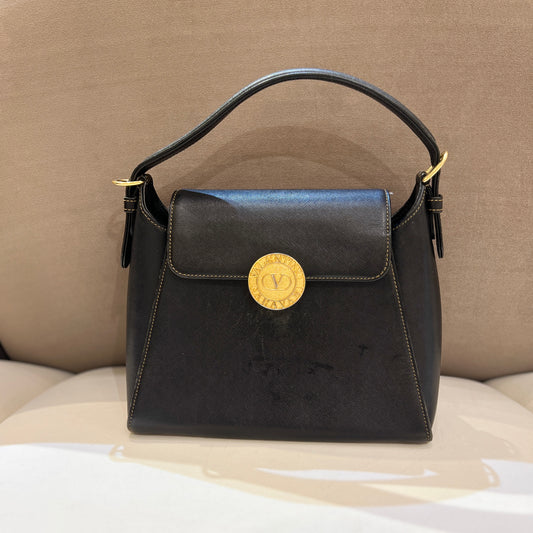 Valentino Vintage Golden Buckle With Black Leather Top Handle Handbag