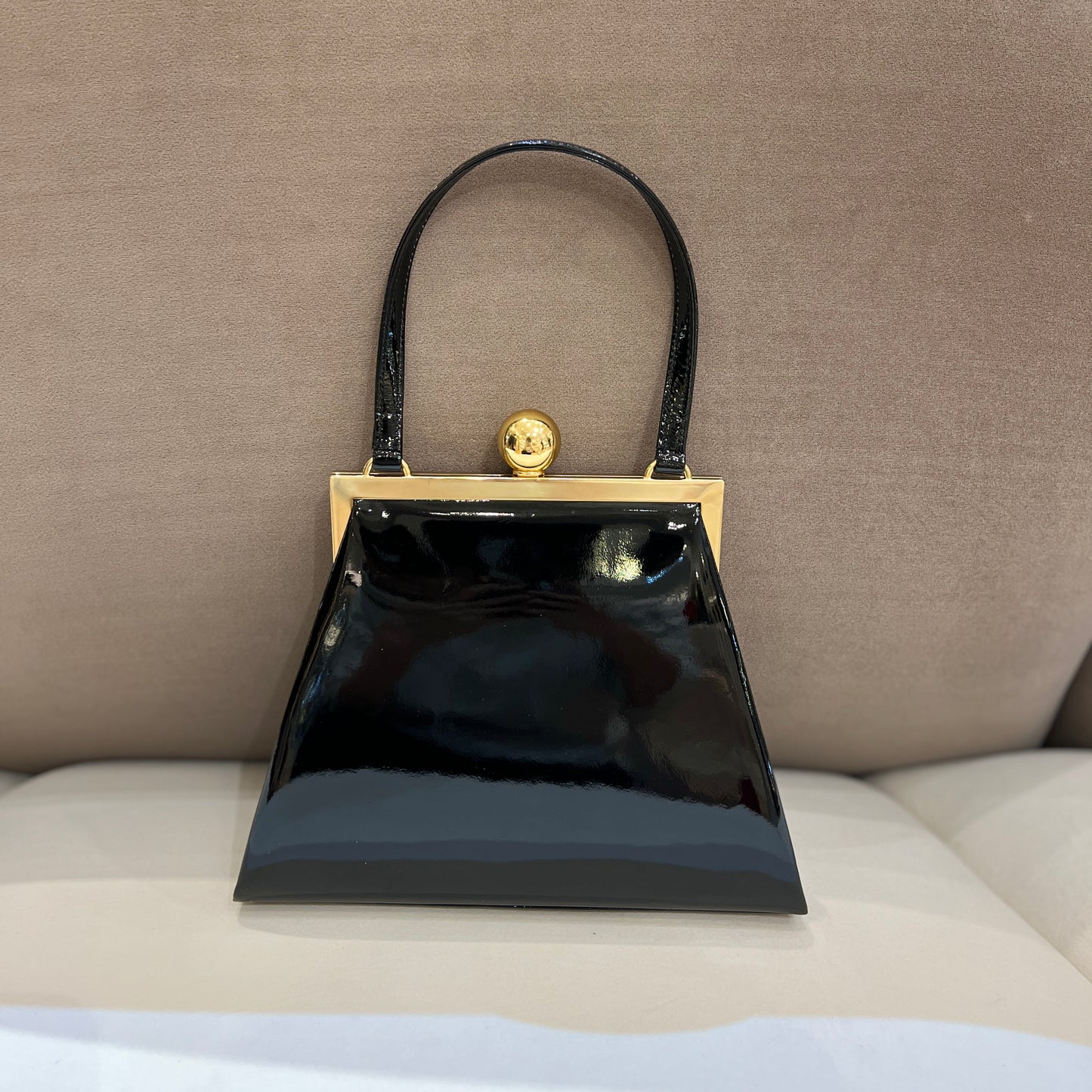 Yves Saint Laurent Vintage Black Enamel Leather With Golden Clasp Lock Top Handle Handbag