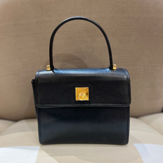 Celine Vintage Golden Gancini Lock With Black Leather Top Handle Handbag