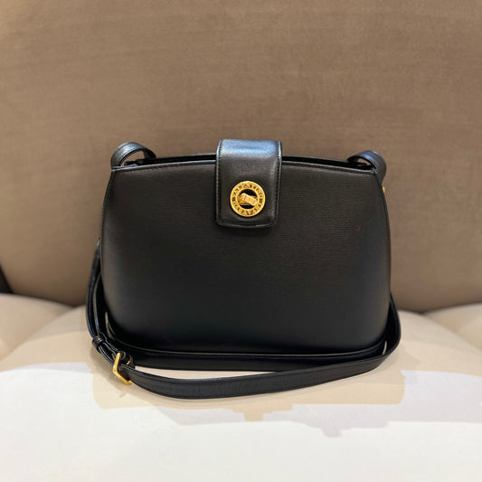 Valentino Vintage Golden Turn Lock Black Leather Shoulder Bag