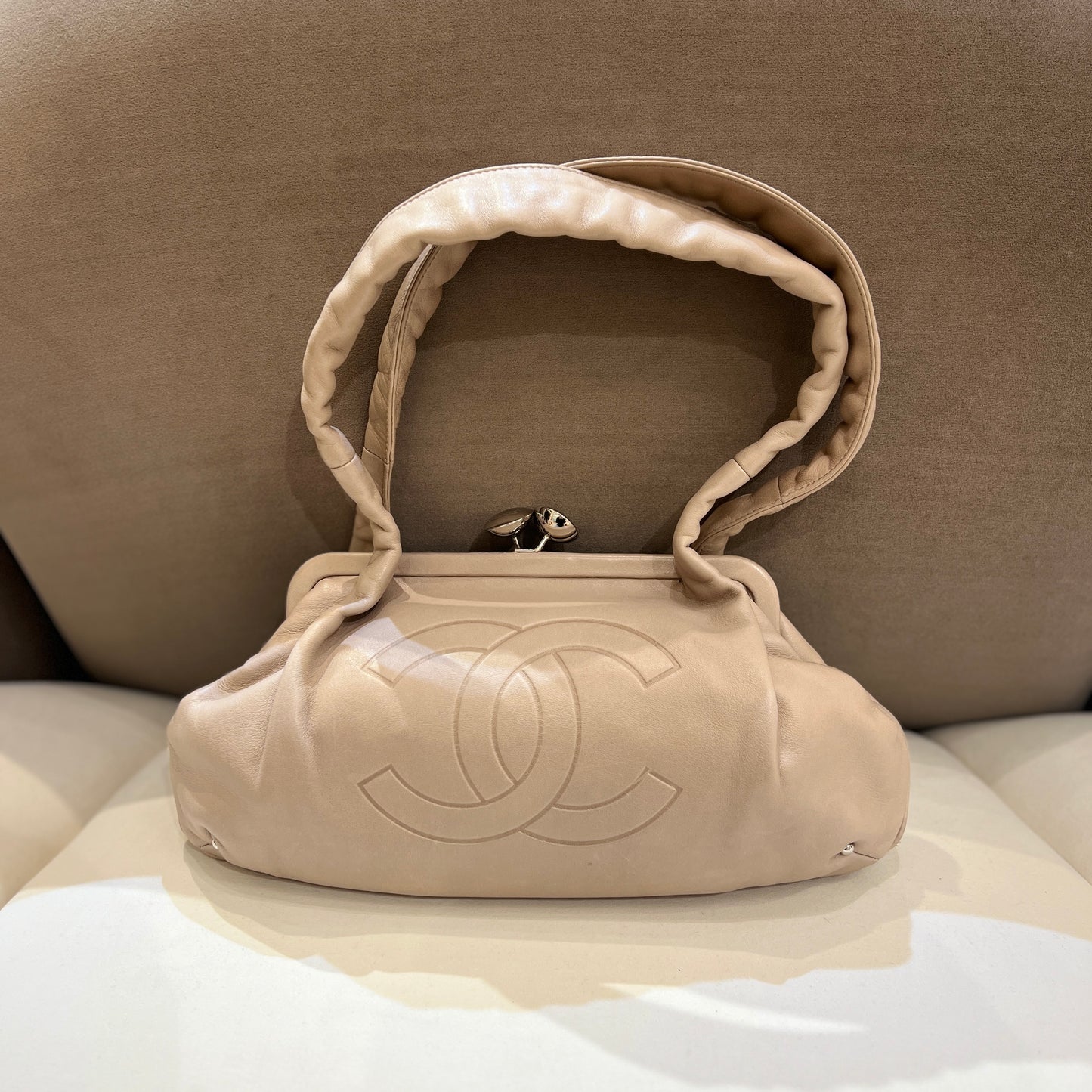 Chanel Vintage Beige Color Embossed CC Logo Shoulder Bag With Silver Clasp, Lock