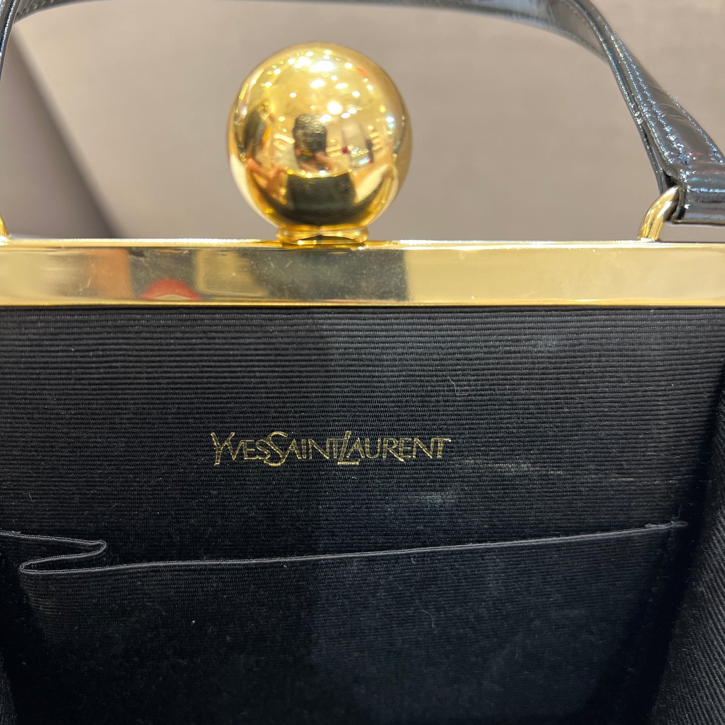 Yves Saint Laurent Vintage Black Enamel Leather With Golden Clasp Lock Top Handle Handbag