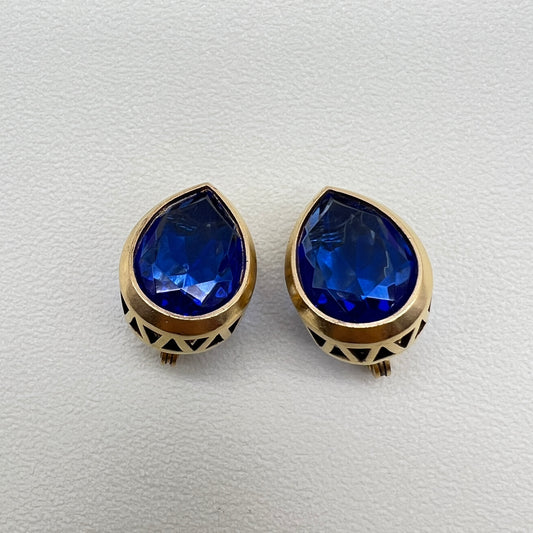 Yves Saint Laurent Vintage Drop Shape Blue Color Stone Golden Clip-on Earrings