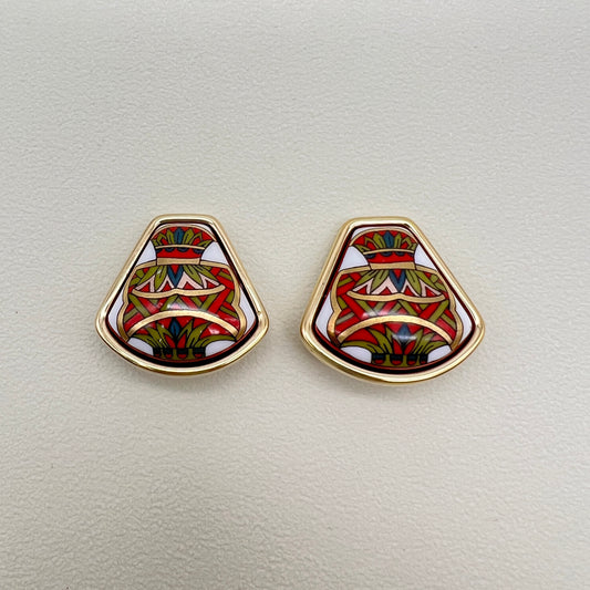 Hermes Vintage Multi Color Enamelled Golden Clip-on Earrings