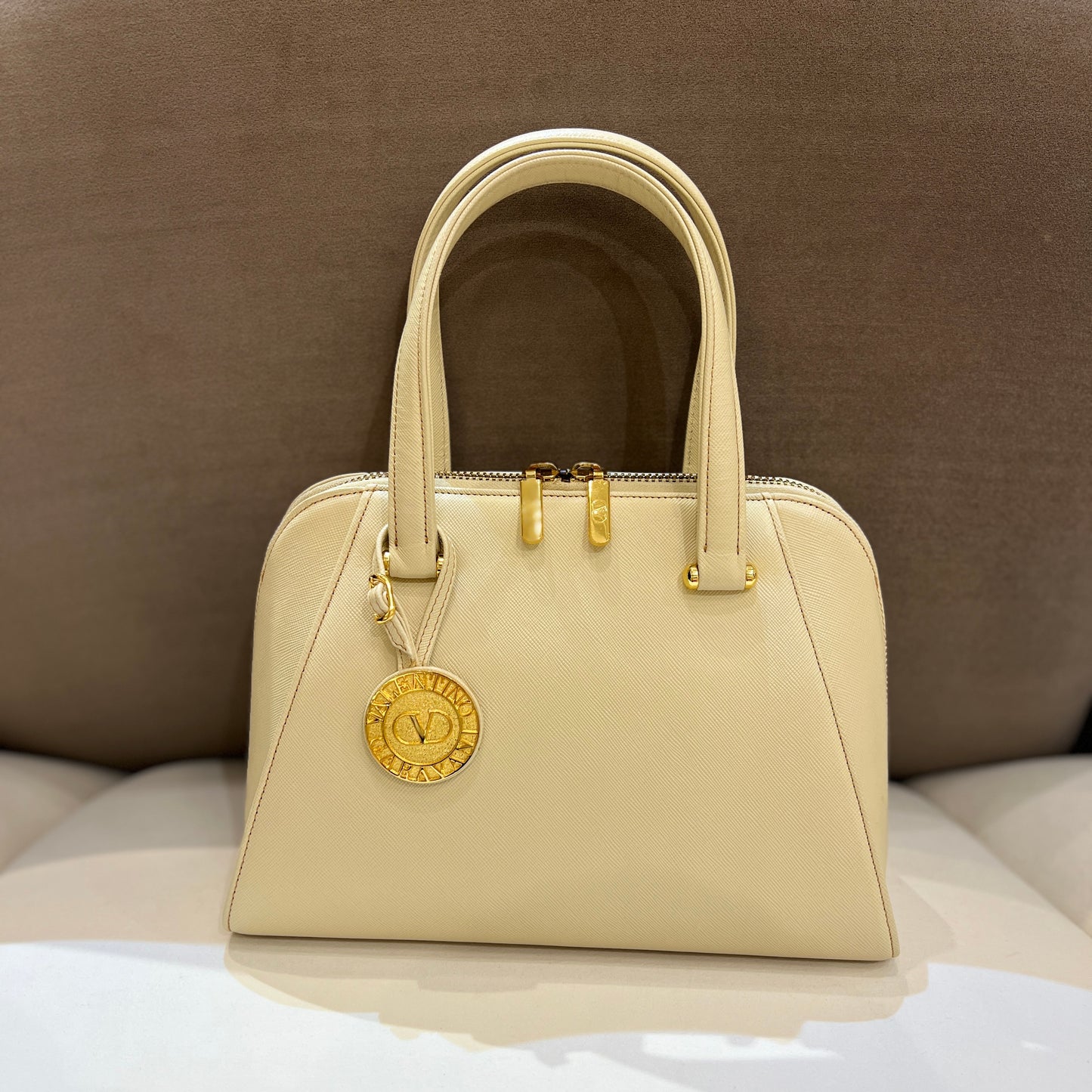 Valentino Vintage Golden Buckle Charm With White Embossed Leather 2-Way Top Handle Handbag