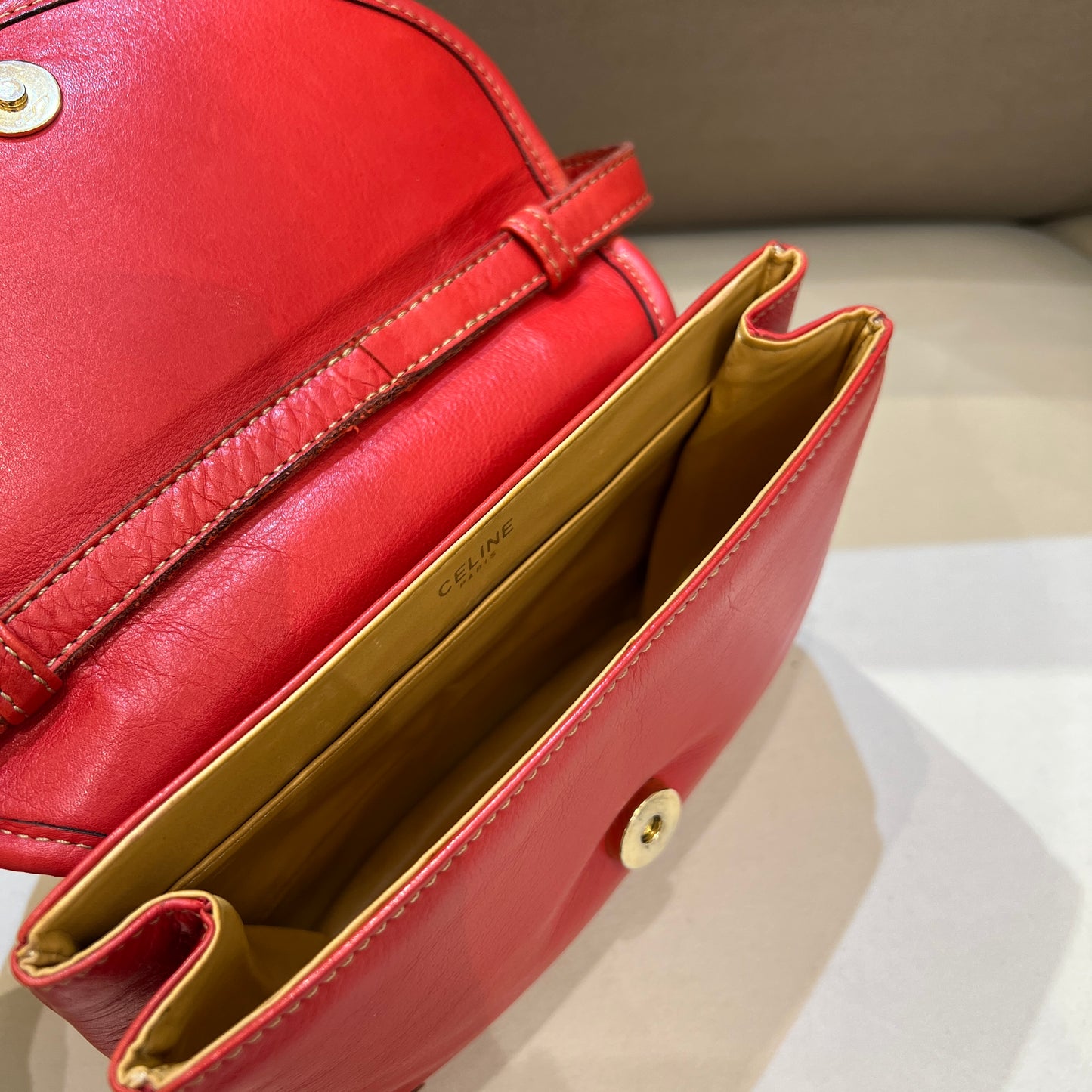 Celine Vintage Golden Triomphe Logo Red Leather Shoulder Bag