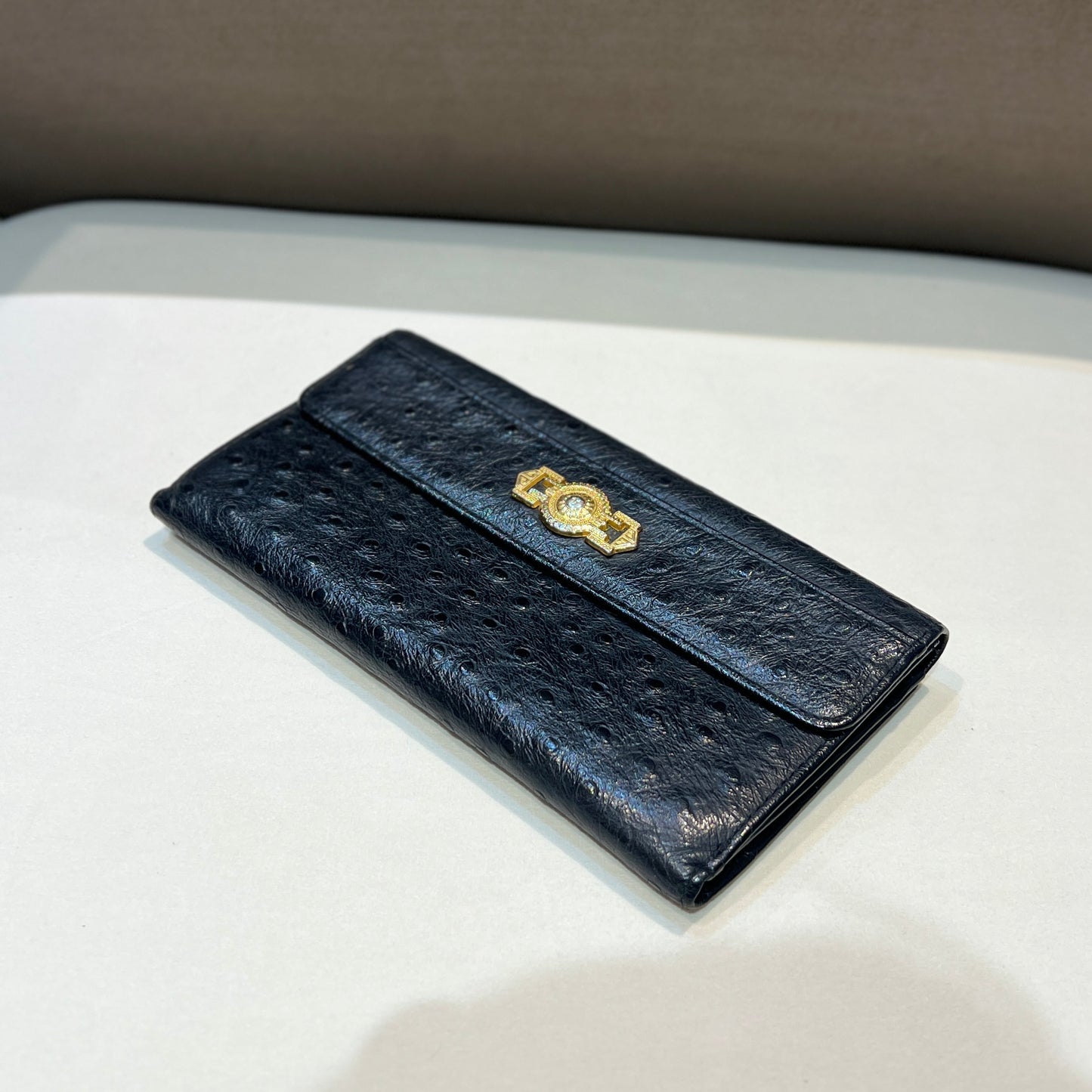Versace Vintage Black Ostrich Leather Long Wallet