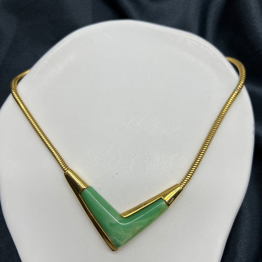 Givenchy Vintage Green Stone V Shape Stylish Golden Necklace