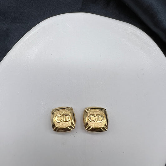 Christian Dior Vintage Cd Logo Golden Square Clip-On Earrings