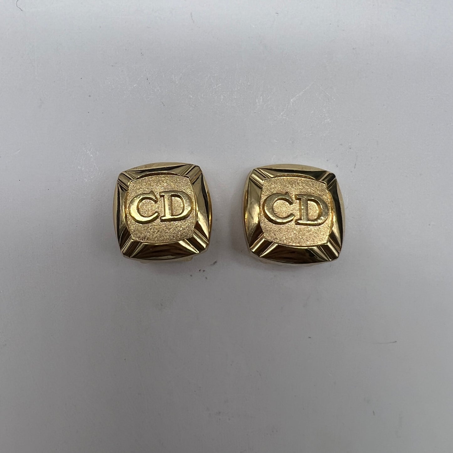 Christian Dior Vintage Cd Logo Golden Square Clip-On Earrings