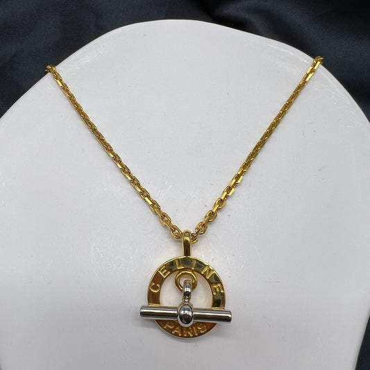 Celine Vintage Two Tone T Lock Pendant Necklace