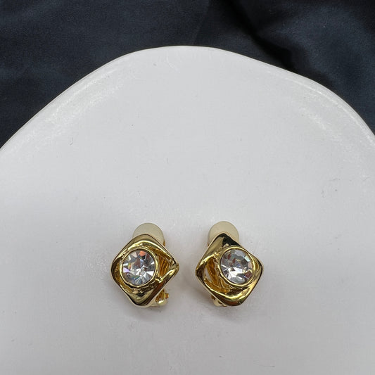 Yves Saint Laurent Vintage Diamond Rhinestone Golden Clip-On Earrings