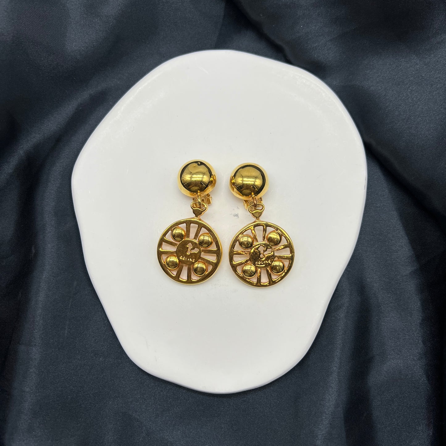 Celine Vintage Golden Wheel Clip-On Earrings