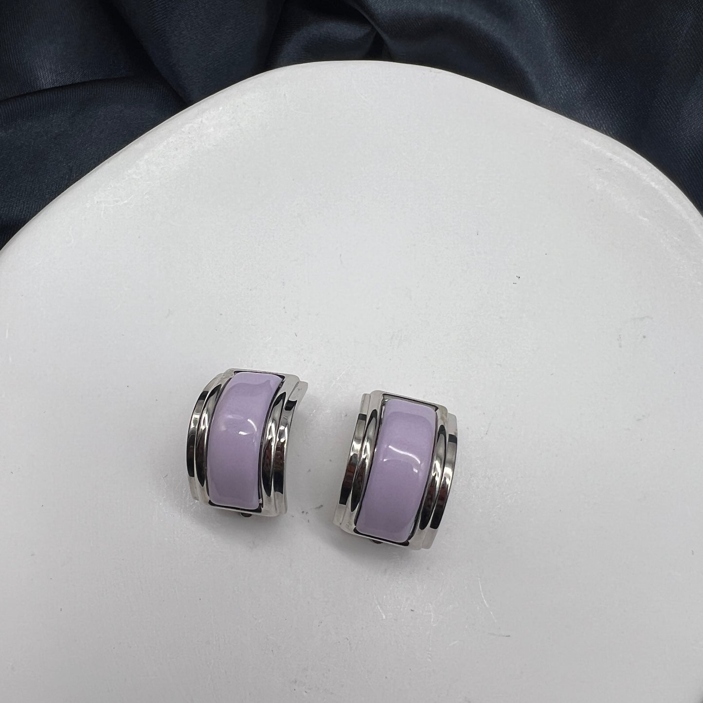 Hermes Vintage Lavender Enamelled Silver Clip-On Earrings