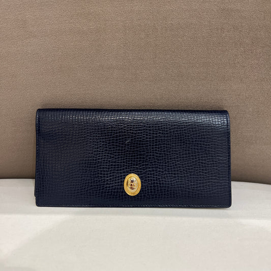 Christian Dior Vintage Navy Bi-Fold Long Wallet with Golden Oval Logo