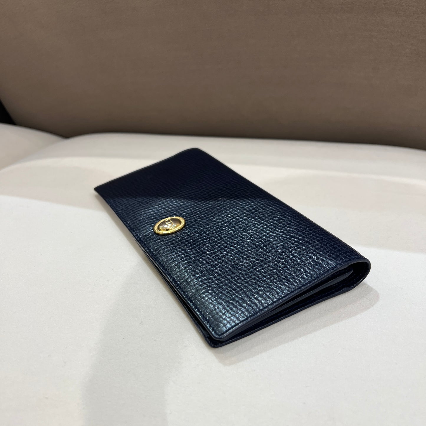 Christian Dior Vintage Navy Bi-Fold Long Wallet with Golden Oval Logo