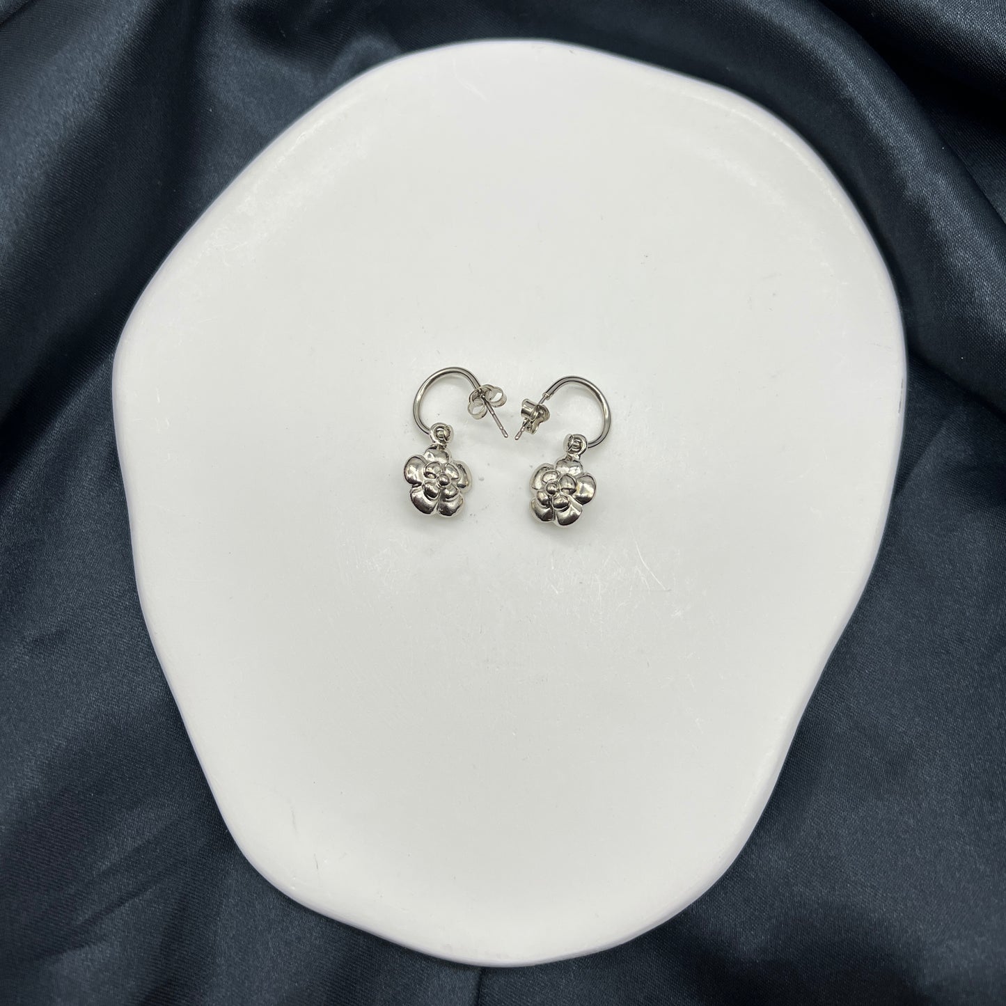 Chanel Vintage Camellia Silver Earrings