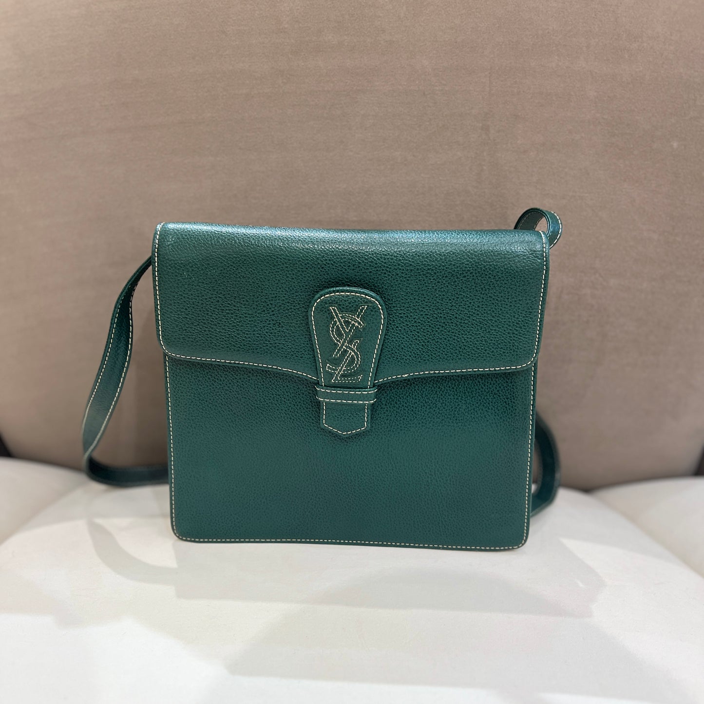 Yves Saint Laurent Vintage Stitched Logo Green Leather Shoulder Bag