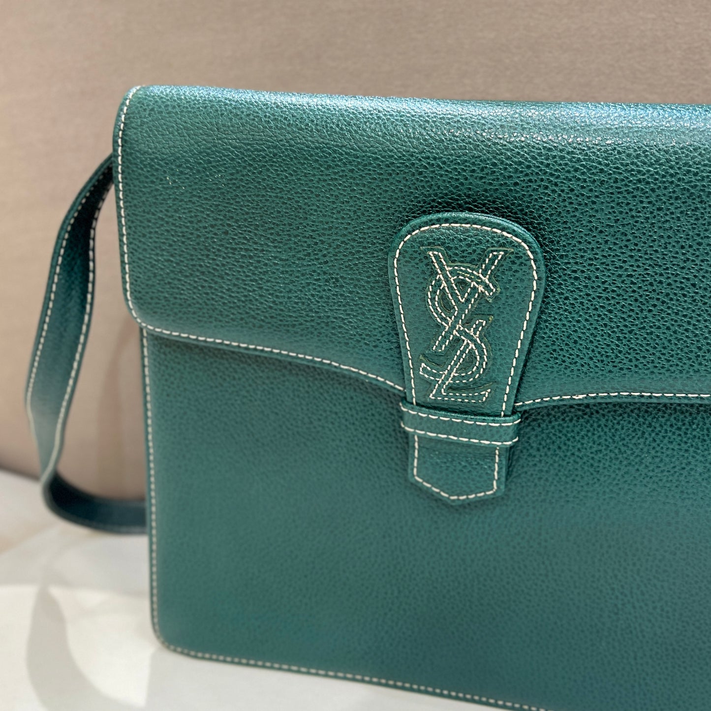 Yves Saint Laurent Vintage Stitched Logo Green Leather Shoulder Bag