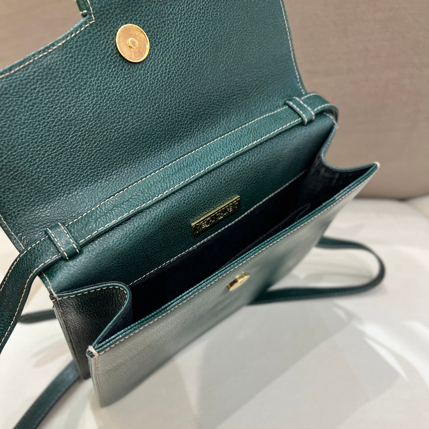 Yves Saint Laurent Vintage Stitched Logo Green Leather Shoulder Bag