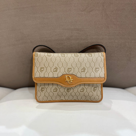 Christian Dior Vintage Honeycomb Brown Shoulder Bag With Golden Dior Logo