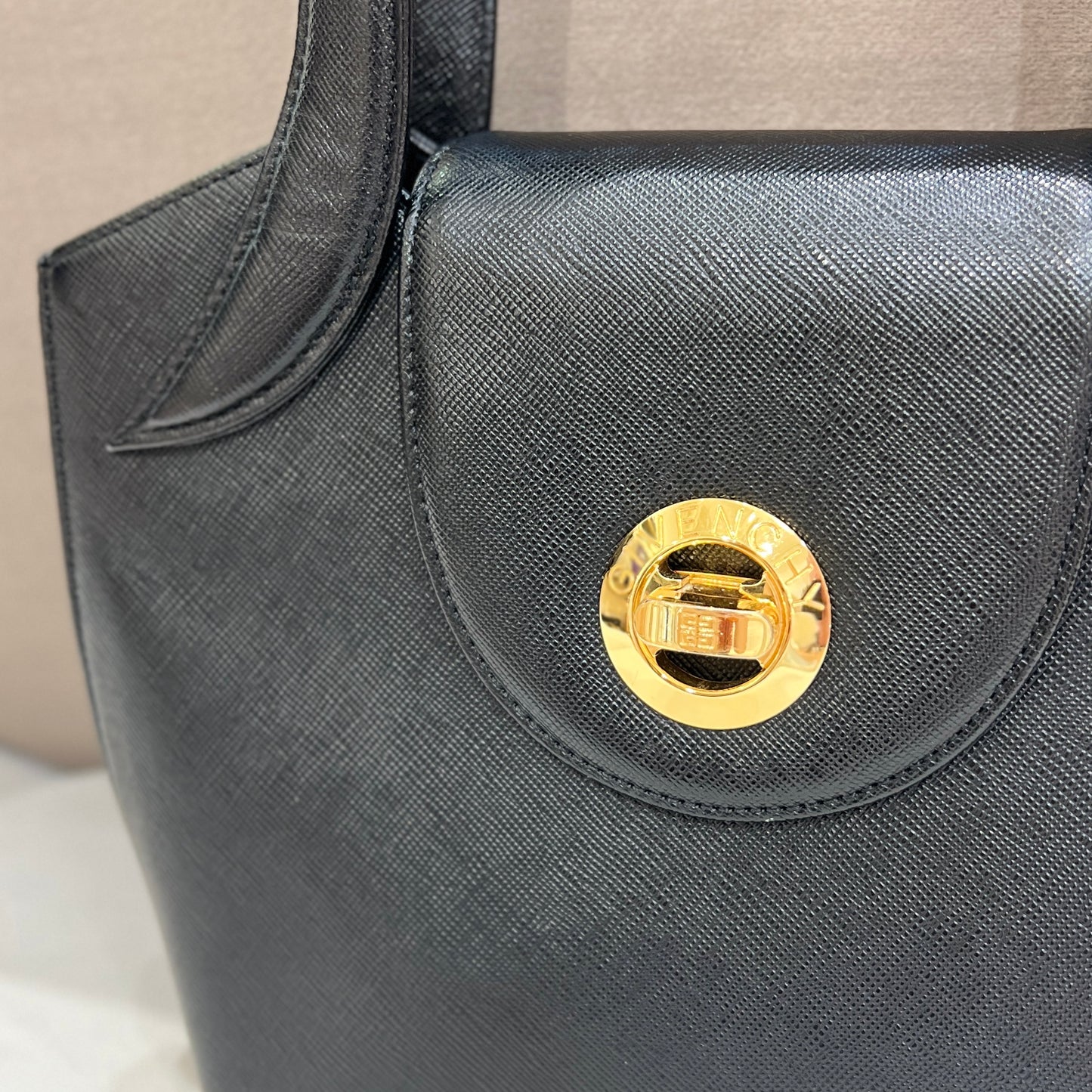 Givenchy Vintage Black Embossed Lather With Golden Turn Lock Top Handle Handbag