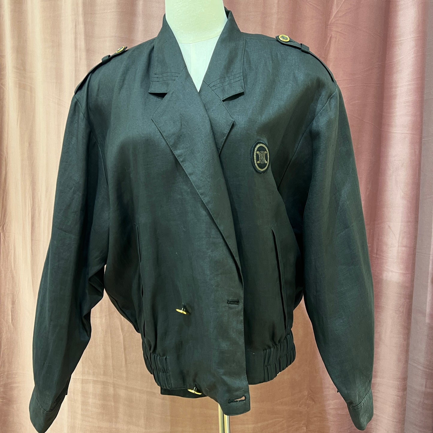 Celine Vintage Black Color Linen Jacket With Golden Carriage Button