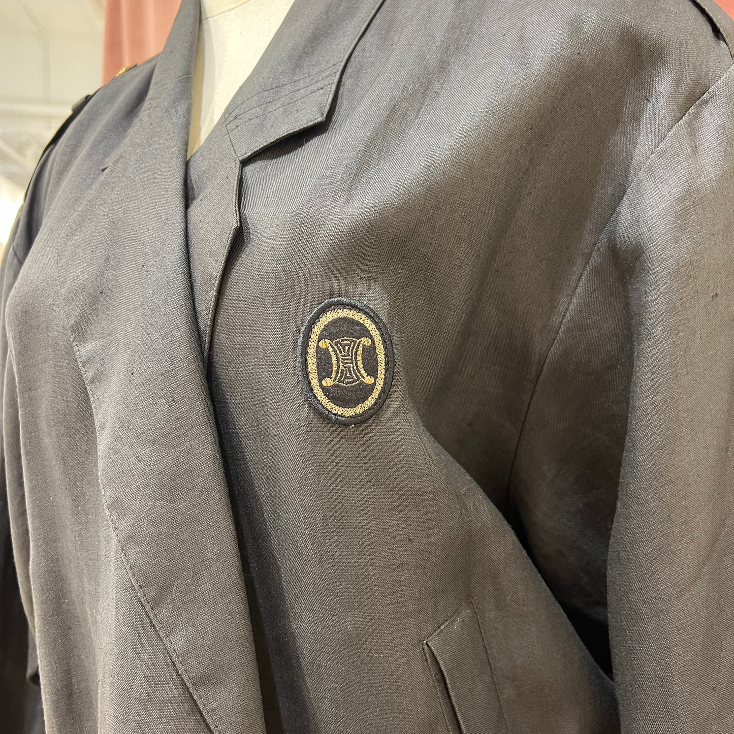 Celine Vintage Black Color Linen Jacket With Golden Carriage Button