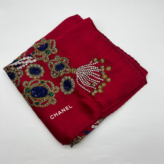 Chanel Vintage Red Color With Jewellery Print Silk Scarf