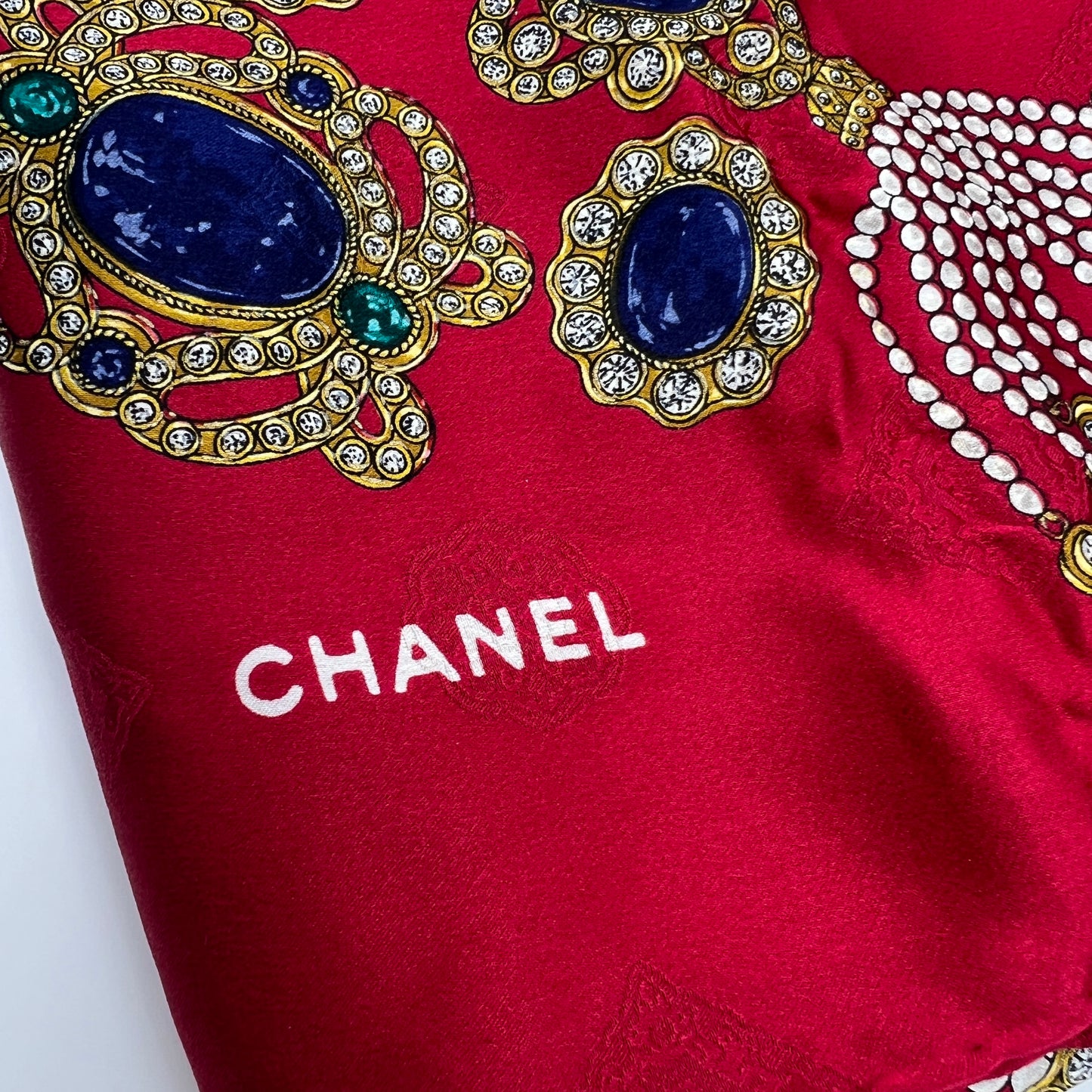 Chanel Vintage Red Color With Jewellery Print Silk Scarf