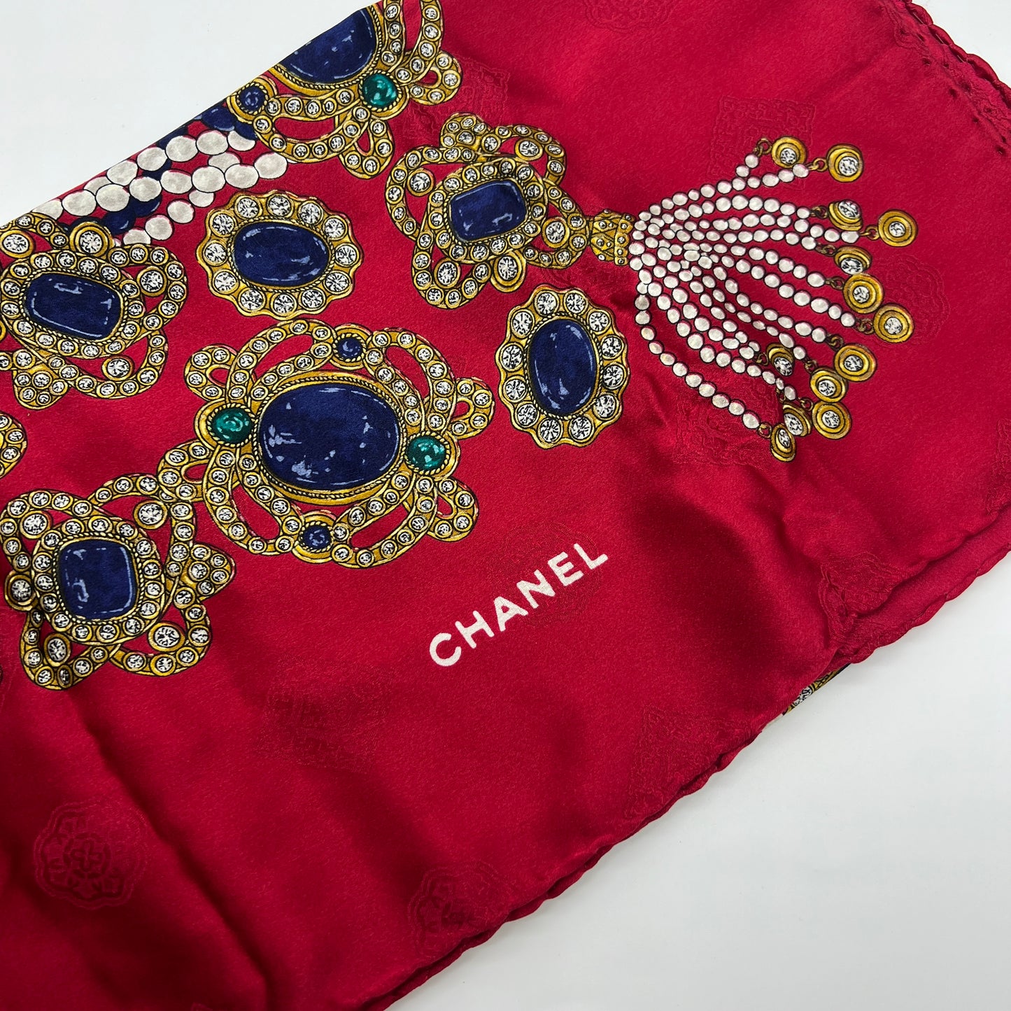 Chanel Vintage Red Color With Jewellery Print Silk Scarf