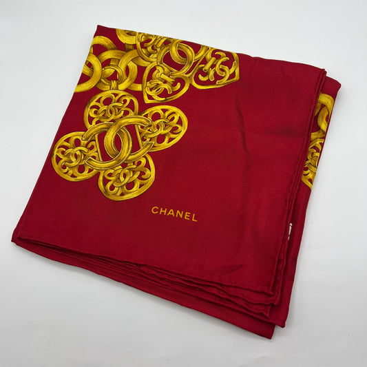 Chanel Vintage Red Color With Golden Chain Silk Scarf