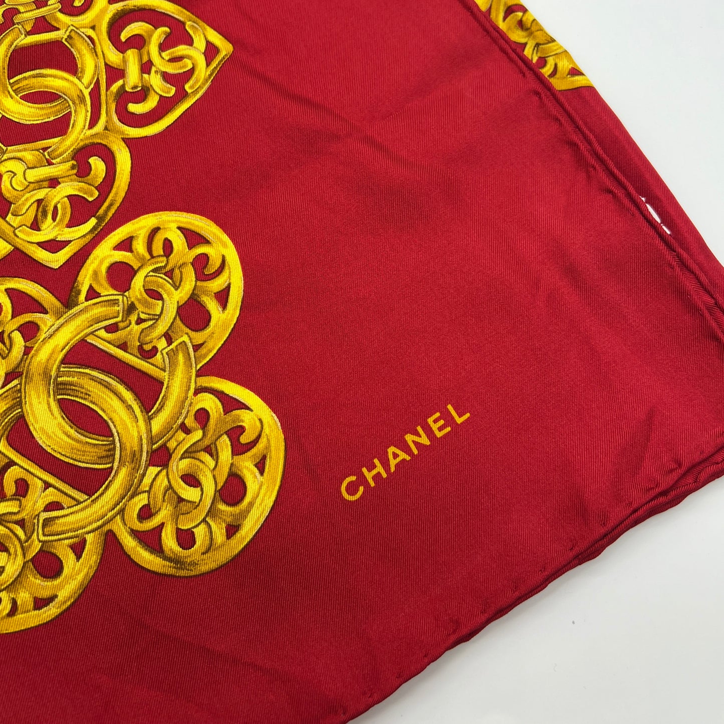 Chanel Vintage Red Color With Golden Chain Silk Scarf