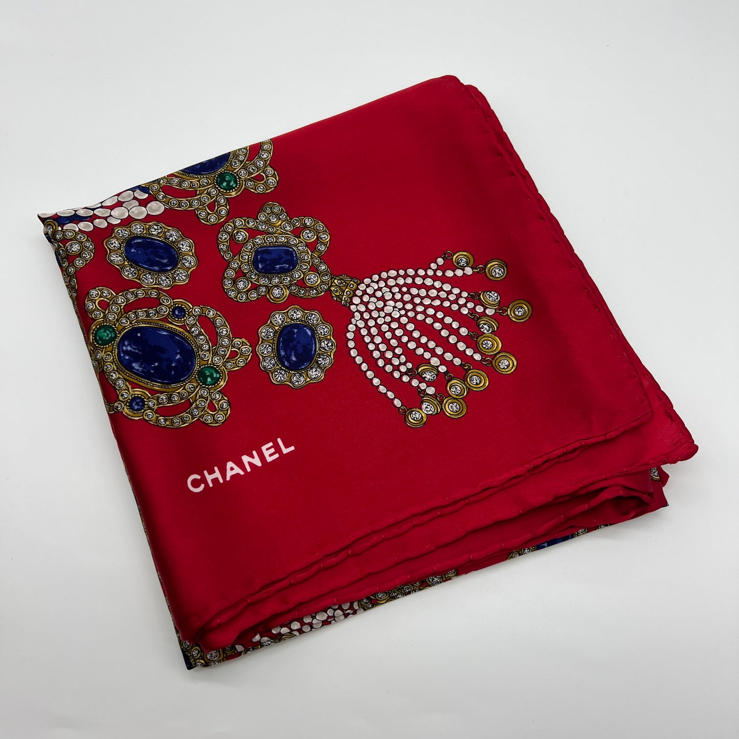 Chanel Vintage Red Color With Jewellery Print Silk Scarf