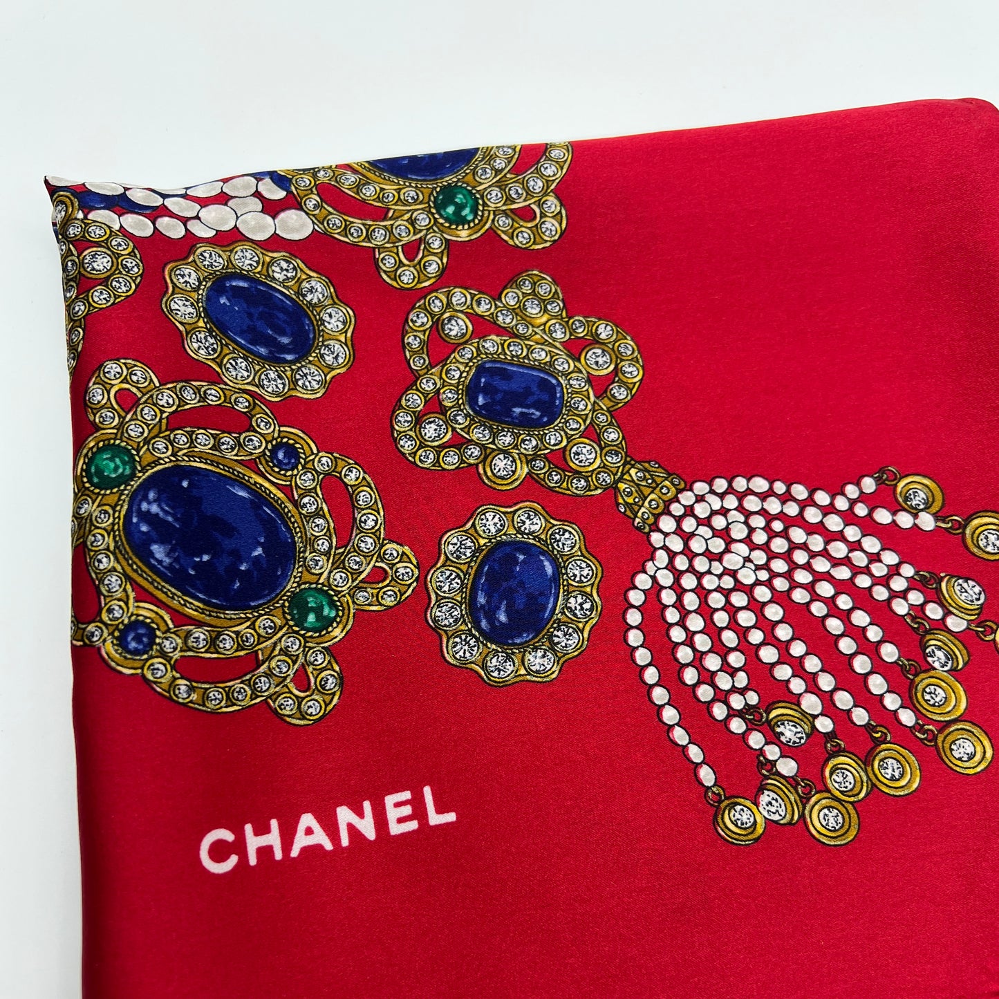 Chanel Vintage Red Color With Jewellery Print Silk Scarf