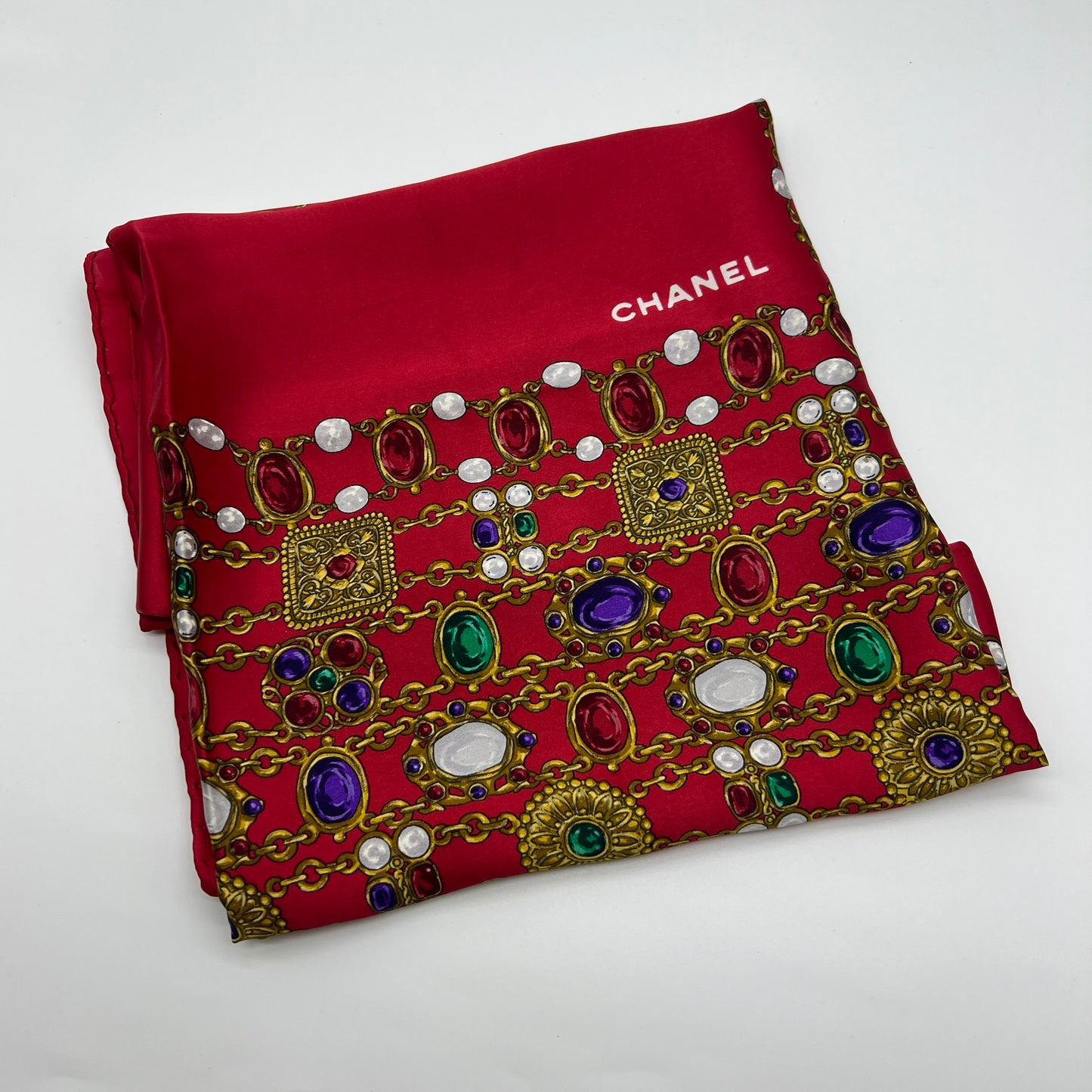 Chanel Vintage Red Color With Jewellery Print Silk Scarf