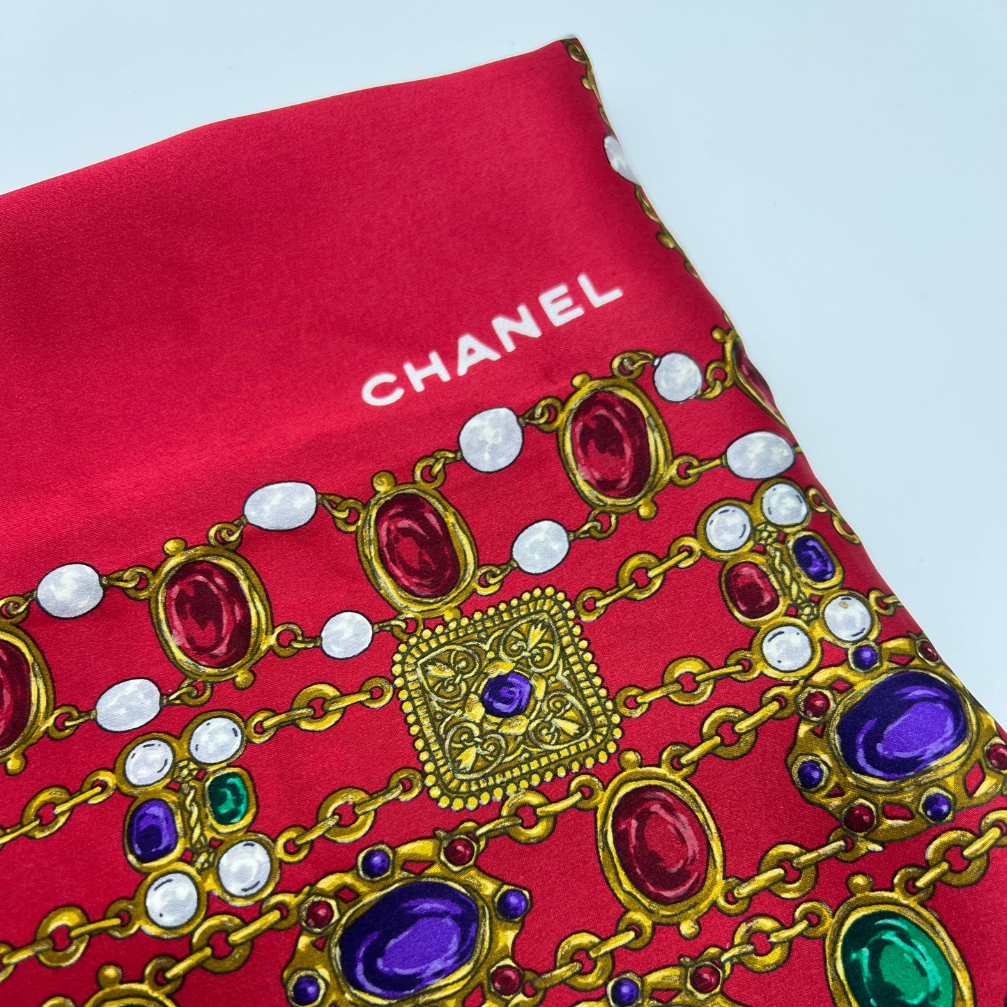 Chanel Vintage Red Color With Jewellery Print Silk Scarf