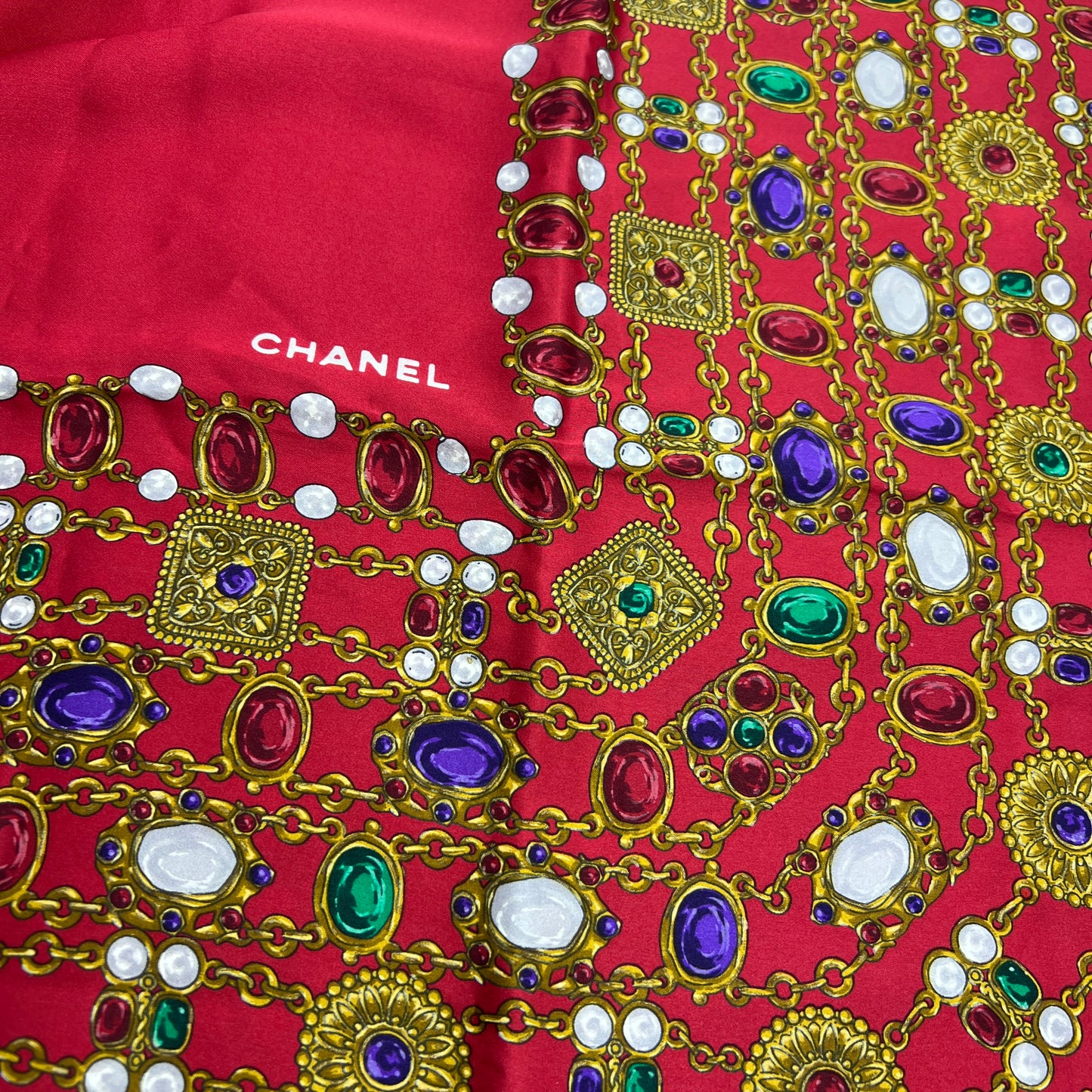 Chanel Vintage Red Color With Jewellery Print Silk Scarf