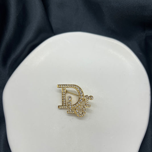 Christian Dior Vintage Golden Dior Logo With Rhinestone Brooch