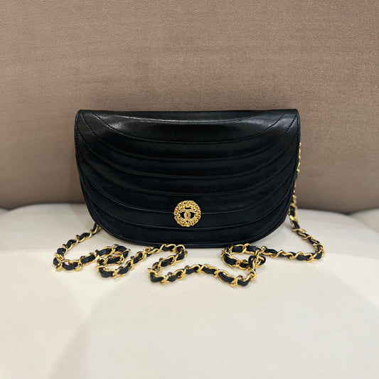 Chanel Vintage Black Lambskin Half Moon Shoulder Bag